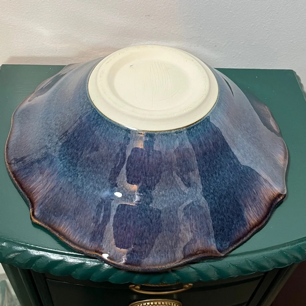 Bill Campbell Art Pottery Blue & Purple Drip Glaze Large Lotus Bowl 13''‎ Signed